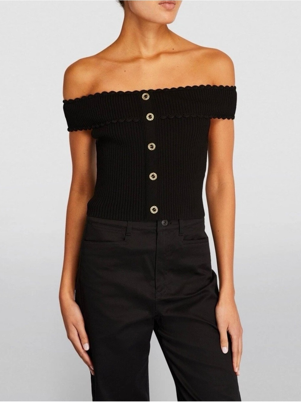 NWOT Sandro knit Black off the shoulder top with gold buttons | Size 1